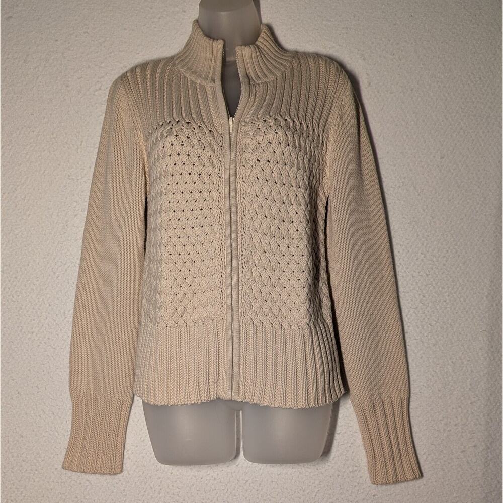 Vtg Chelsea Studio Cardigan Women Sz Small Beige Full Zip Chunky Rib Knit Cozy